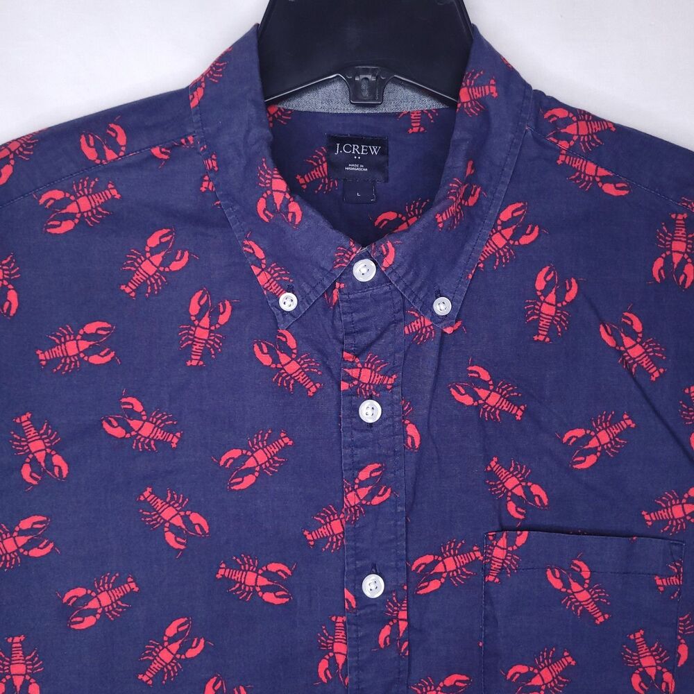 J Crew Shirt Mens Large Navy Lobster Print Short Sleeve